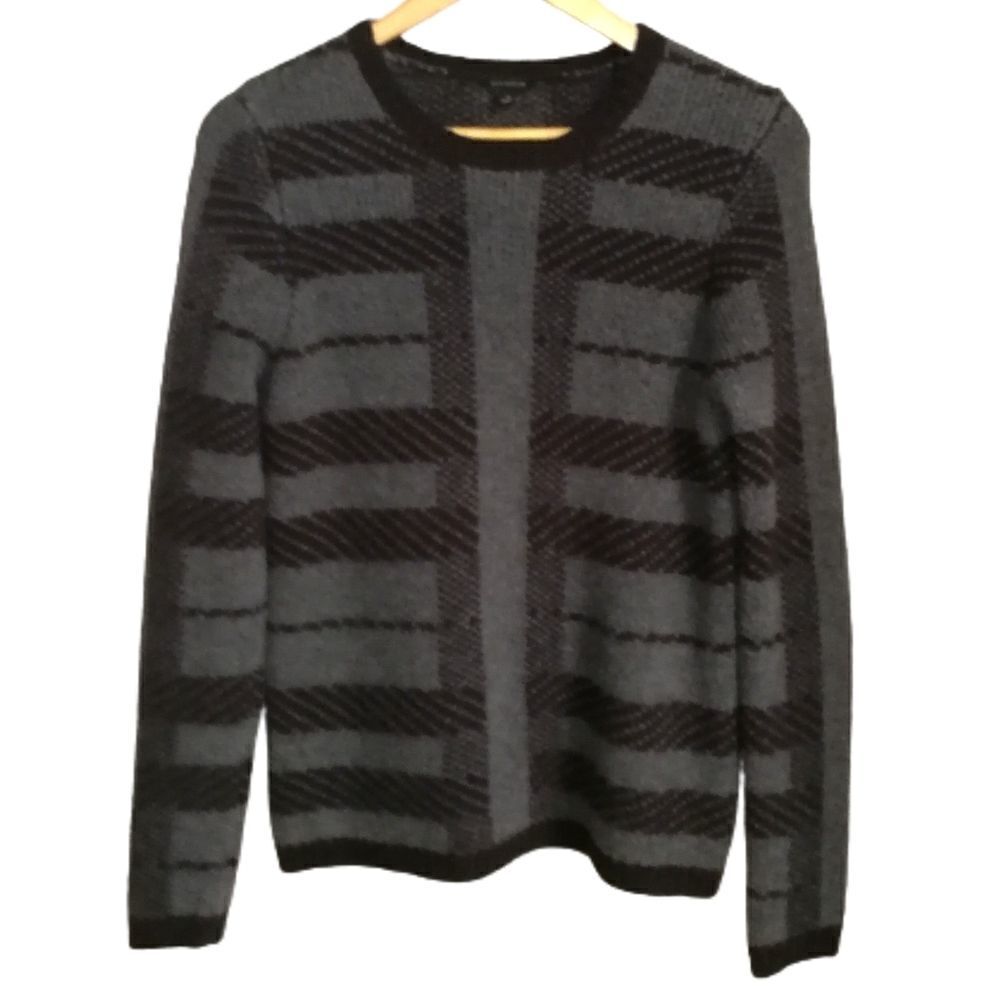 ANN TAYLOR Winter Grey & Brown Alpaca Rabbit Hair Knit Crewneck Sweater Small